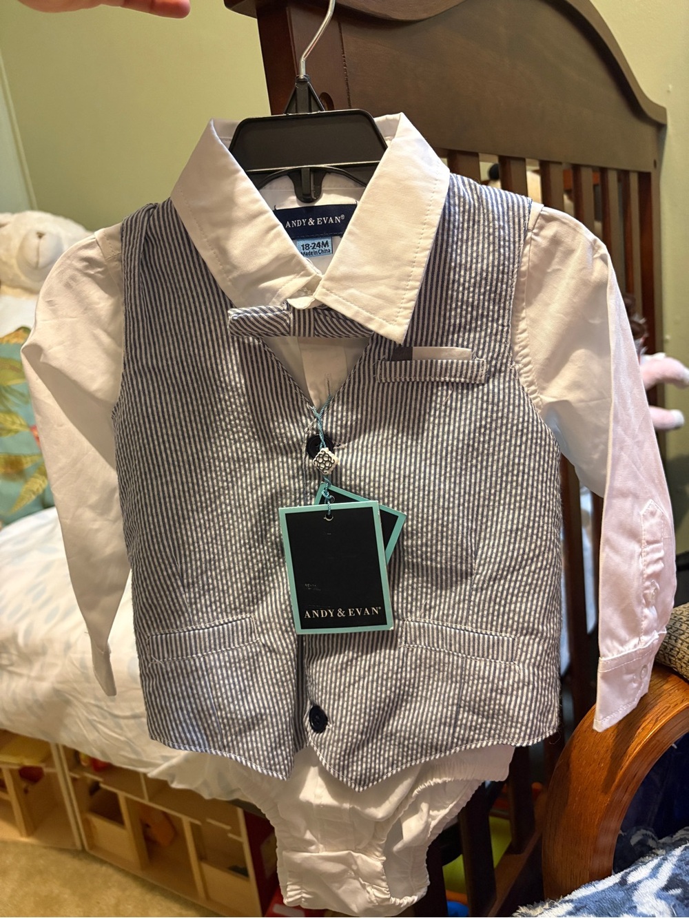 Andy & Evan White Shirt with Blue-White Seersucker Vest and Bow Tie New with Tag